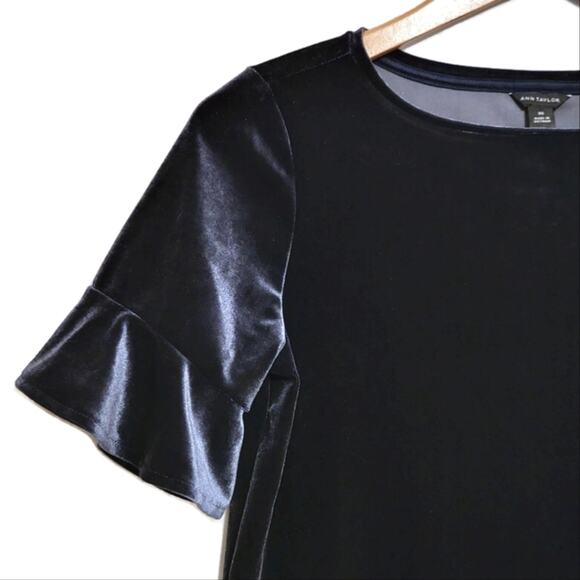 Ann Taylor Velvet Ruffle Sleeve Blue Top Crew Neck Holiday Party Work XS NWT - Picture 3 of 13